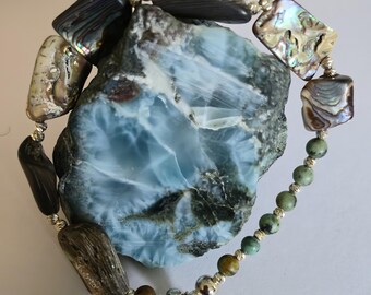 Chunky Abalone Turquoise Bracelet: Sterling Silver Boho Gemstone Jewelry