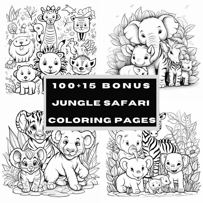 Puede incluir: Ilustraciones en blanco y negro de animales de la jungla, incluyendo leones, elefantes, cebras y jirafas. La imagen incluye el texto "100+15 Bonus Jungle Safari Coloring Pages". Los dibujos son de estilo caricatura.