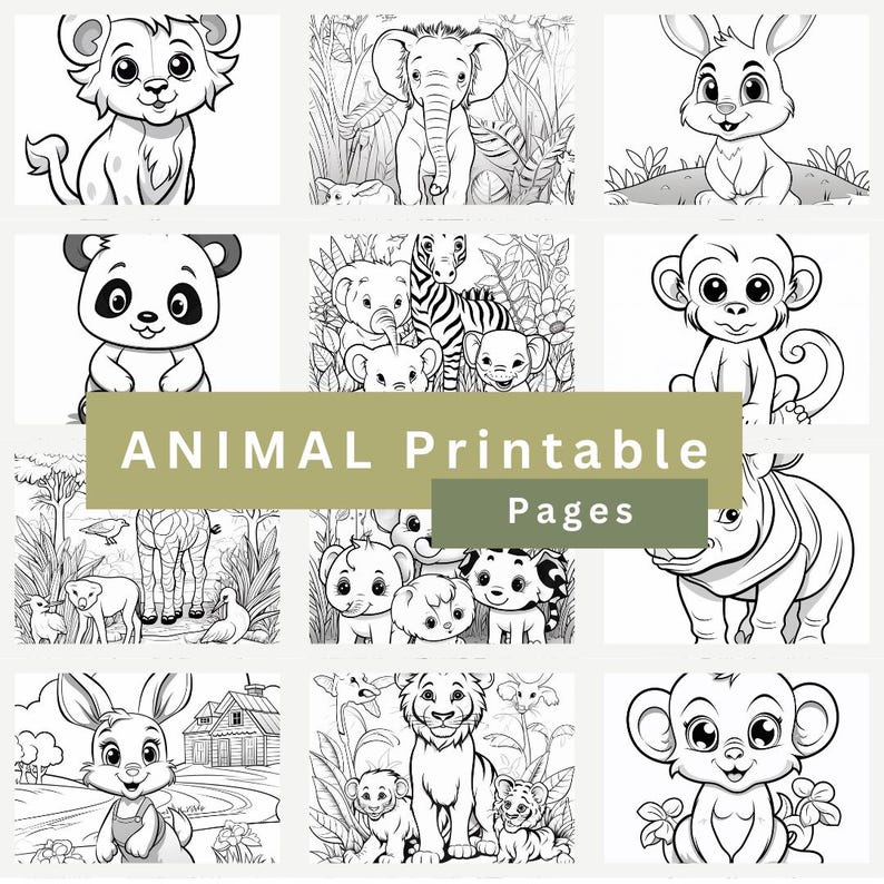 Puede incluir: Una colecci&oacute;n de ilustraciones de animales en blanco y negro, incluyendo un le&oacute;n, un elefante, un panda y un mono. El texto "ANIMAL Printable Pages" se muestra en el centro de la imagen. Las ilustraciones son para colorear.