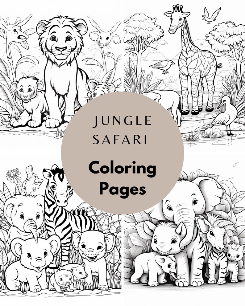 Puede incluir: P&aacute;ginas para colorear en blanco y negro con animales de la jungla. Las p&aacute;ginas incluyen leones, jirafas, elefantes, cebras y otros animales en un entorno selv&aacute;tico. El texto "Jungle Safari Coloring Pages" est&aacute; en el centro.