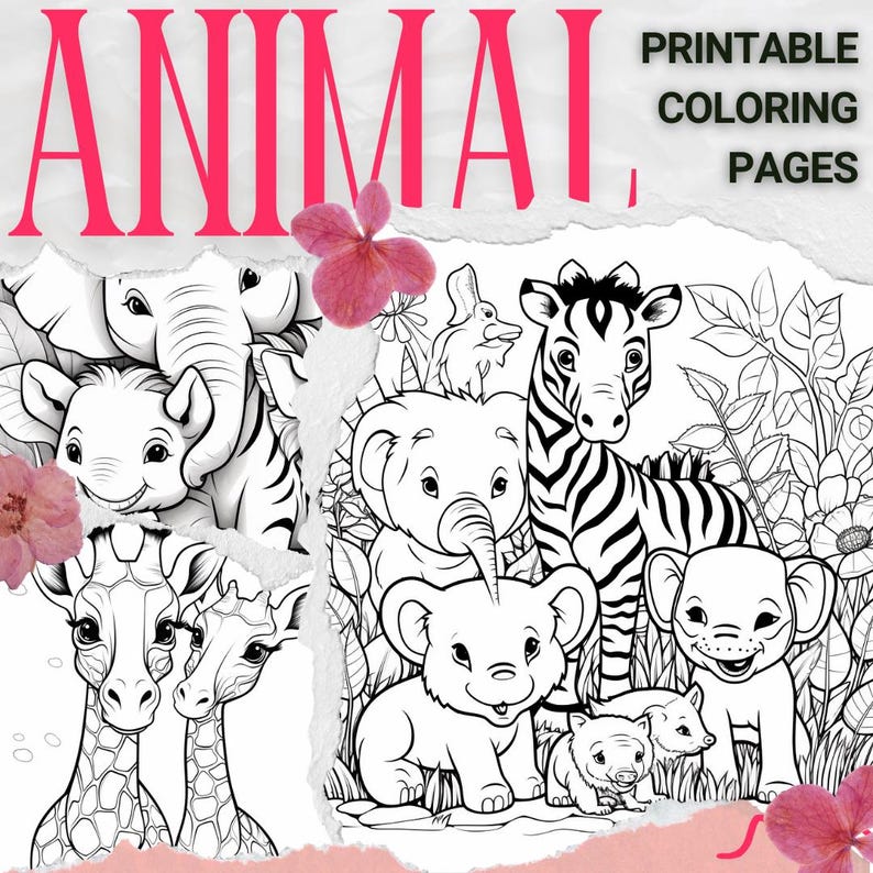 Puede incluir: Una p&aacute;gina para colorear imprimible en blanco y negro con varios animales de dibujos animados, como elefantes, jirafas y una cebra. La palabra "ANIMAL" est&aacute; en letras rosas grandes, con "PRINTABLE COLORING PAGES" en letras m&aacute;s peque&ntilde;as. Efecto de papel rasgado.