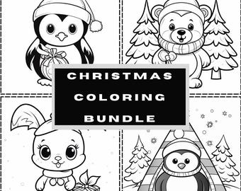 Puede incluir: Paquete de dibujos para colorear navideños en blanco y negro con un pingüino, un oso, un conejito y otro pingüino. El texto "CHRISTMAS COLORING BUNDLE" se muestra en un rectángulo negro.