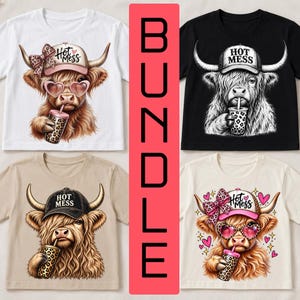May include: A bundle of four t-shirts featuring graphic illustrations of Highland cows. The designs include cows wearing caps with the text 'HOT MESS', heart-shaped glasses, and leopard print bows, while holding cups with straws.