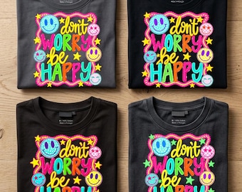 Paquete PNG "No te preocupes, sé feliz", Cara sonriente primaveral con borde festoneado neón, Estrellas preppy, Gráfico retro de moda veraniega, PNG inspirador, PNG colorido