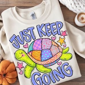 Just Keep Going PNG Bundle, Preppy Turtle PNG, Summer Sea Turtle Sublimation, Neon Dopamine Art, Hand Drawn, Colorful Patchwork Turtle Shirt