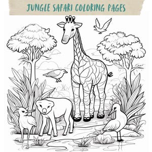 Puede incluir: Dibujo lineal en blanco y negro de una escena de la jungla con una jirafa, p&aacute;jaros y otros animales. El texto "JUNGLE SAFARI COLORING PAGES" est&aacute; en la parte superior. La imagen est&aacute; dise&ntilde;ada para colorear.
