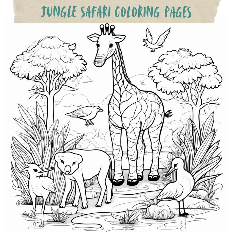 Puede incluir: Dibujo lineal en blanco y negro de una escena de la jungla con una jirafa, p&aacute;jaros y otros animales. El texto "JUNGLE SAFARI COLORING PAGES" est&aacute; en la parte superior. La imagen est&aacute; dise&ntilde;ada para colorear.