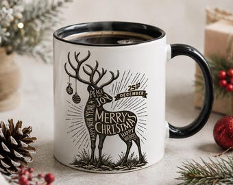 Reindeer Christmas Mug | Merry Christmas Coffee Cup | Peace and Joy Holiday Gift Mug