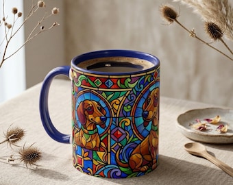 Stained Glass Dachshund Coffee Mug | Colorful Vitray Sausage Dog Art Ceramic Mug