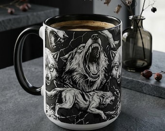 Gothic Howling Wolf Ceramic Mug | Monochrome Wolf Pack Art, Wild Animal Cup