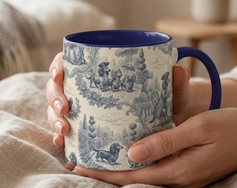 Dachshund French Toile de Jouy Mug, Blue Toile Coffee Cup for Doxie Mom, Sausage Dog Lover Gifts