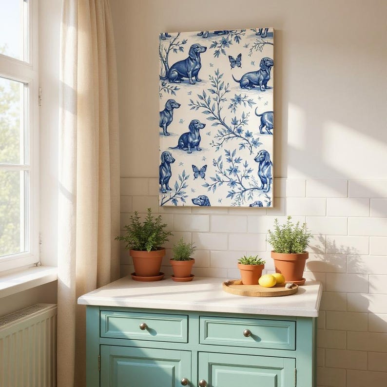 May include: A decorative canvas print featuring a repeating pattern of blue dachshunds, butterflies, and floral elements on a cream background. The print is displayed above a light blue cabinet with potted plants.