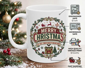 Merry Christmas Mug | Christmas Coffee Cup | Retro Holiday Coffee Cup | Festive Winter Mug | Christmas Gift
