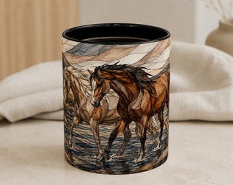 Horses Stained Glass Coffee Mug, Two Horses at Ranch Fence Art, Rustic Country Farm Gift for Horse Lovers, Horse Owner Gift
