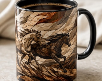 Horses Stained Glass Coffee Mug, Four Horses at Ranch Fence Art, Rustic Country Farm Gift for Horse Lovers, Horse Owner Gift