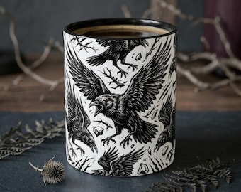 Flying Raven Pattern Mug, Witchy Gothic Coffee Cup, Bird Lover Gift
