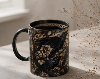 Gothic Raven Vitray Ceramic Mug, Halloween Coffee Cup, Bird Lover Gift, Gothic Halloween Mug