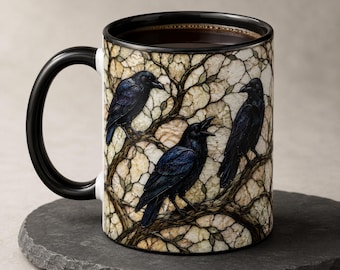 Gothic Raven Stained Ceramic Mug, Witchy Halloween Gothic Coffee Cup, Bird Lover Gift, Halloween Mug Raven Gifts Halloween Spirit
