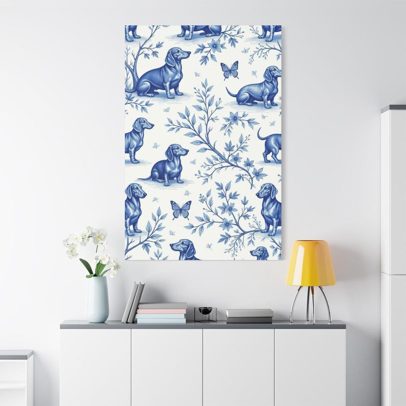 Dachshund Toile de Jouy Canvas Print, French Floral Dog Art 40" x 60" (Vertical)