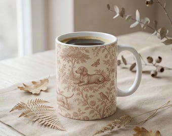 Dachshund French Toile Mug, Sausage Dog Lover Coffee Cup, Doxie Mom Drinkware