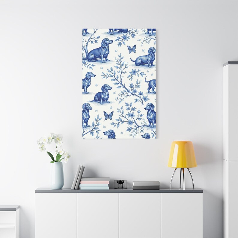 Dachshund Toile de Jouy Canvas Print, French Floral Dog Art 32″ x 48″ (Vertical)