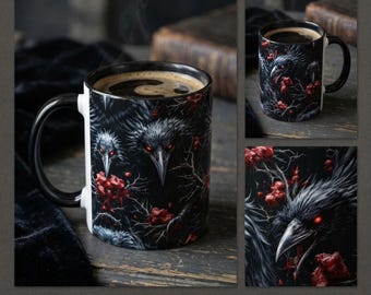Gothic Bloody Raven Stained Ceramic Mug, Witchy Gothic Coffee Cup, Bird Lover Gift