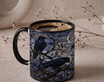 Gothic Raven Stained Ceramic Mug, Witchy Halloween Gothic Coffee Cup, Bird Lover Gift Vitray Halloween Mug, Halloween Spirit Gift Gothic Mug