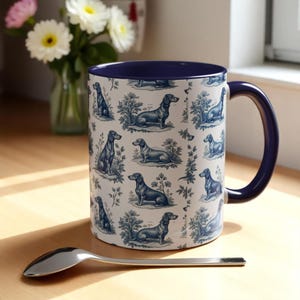 Dachshund French Toile de Jouy Mug - Blue Toile Coffee Cup for Doxie Mom, Sausage Dog Lover Gifts, Dog Tea Drinkware, Gift For Dog Lovers