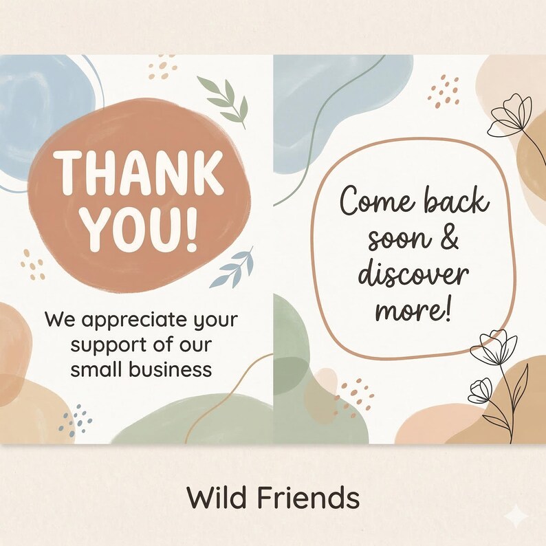 May include: A two-panel design with watercolor-style shapes in muted tones of brown, blue, and green. The left panel says "THANK YOU!" and "We appreciate your support of our small business." The right panel says "Come back soon & discover more!" with floral accents. The brand name "Wild Friends" is at the bottom.