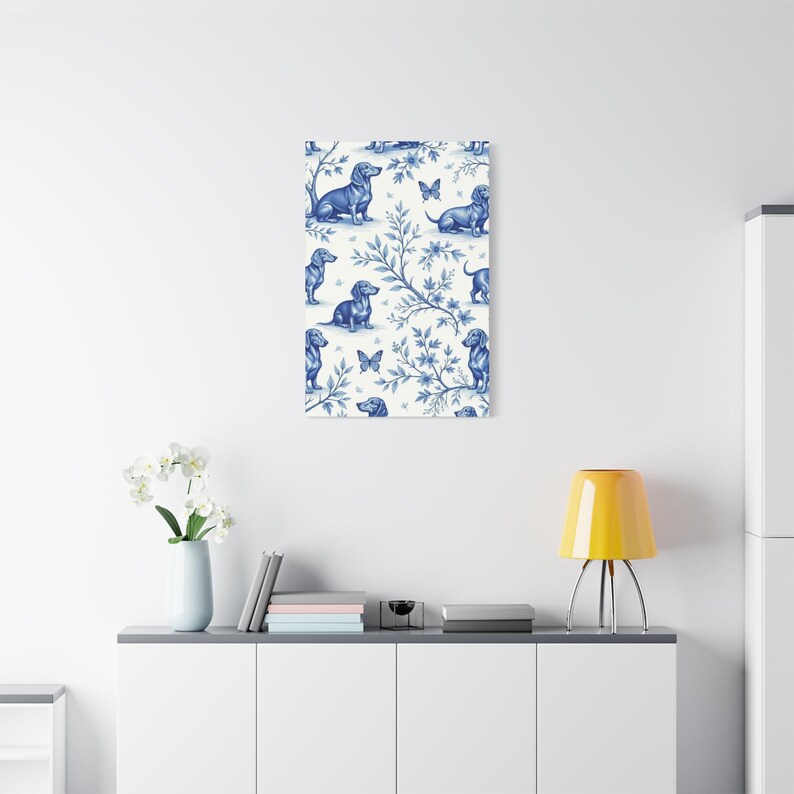 Dachshund Toile de Jouy Canvas Print, French Floral Dog Art 24" x 36" (Vertical)