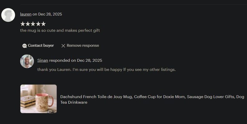 May include: A review of a Dachshund French Toile de Jouy Mug. The mug is beige with a pink interior and handle. The review states the mug is cute and a perfect gift. The image also includes text from the seller.