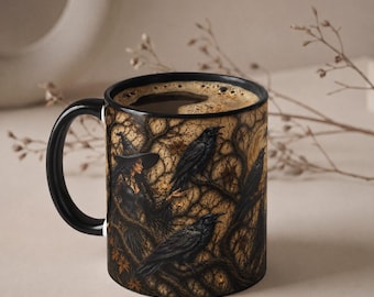 Gothic Raven Stained Ceramic Mug, Witchy Halloween Gothic Coffee Cup, Bird Lover Gift, Halloween Mug Raven Gifts