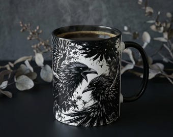 Gothic Raven Stained Ceramic Mug, Witchy Gothic Coffee Cup, Bird Lover Gift