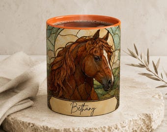 Personalized Horse Mug, Custom Horse Name Coffee Mug, Stained Glass Horse Gift, Equestrian Gift for Her, Horse Lover Mug