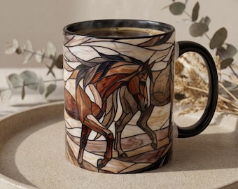 Horses Stained Glass Coffee Mug, Two Horses at Ranch Fence Art, Rustic Country Farm Gift for Horse Lovers