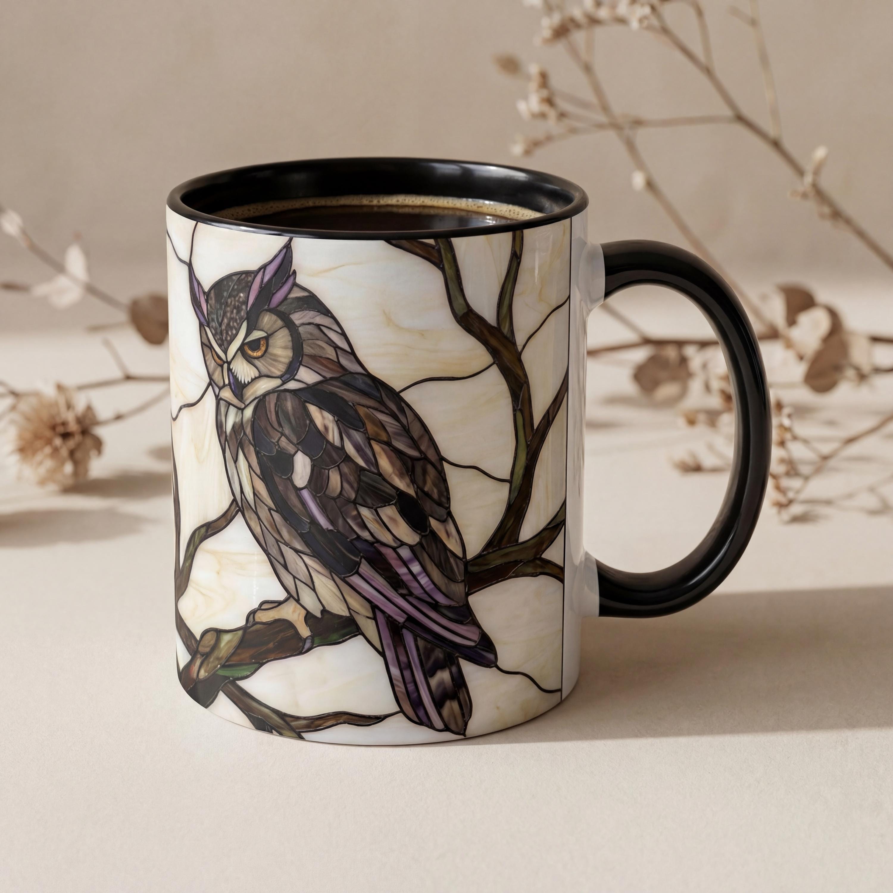 Stained Glass Owl Mug, Wildlife Bird Lovers Gift, Nature Vibe