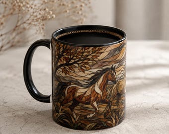 Horses Stained Glass Coffee Mug, Two Horses at Ranch Fence Art, Rustic Country Farm Gift for Horse Lovers