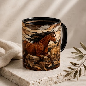 May include: A black ceramic mug featuring a stained glass style illustration of a brown horse galloping alongside a smaller horse. The design incorporates warm earth tones, including shades of brown, tan, and cream, with a dark handle and rim.