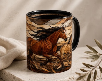 Horses Stained Glass Coffee Mug, Two Horses at Ranch Fence Art, Rustic Country Farm Gift for Horse Lovers, Horse Owner Gift