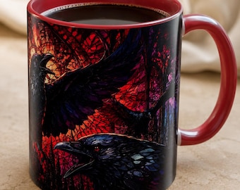 Raven Stained Glass Mug, Gothic Crow Coffee Cup, Dark Academia Mug, Raven Lover Gift, Gothic Halloween Mug