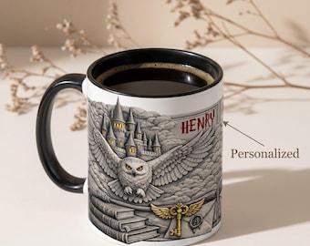 Personalized Wizard Harry Potter Mug, Owl Mug, Custom Name Magic School Mug, Fantasy Lover Gift, Wizard Gift for Him, Magical Mug