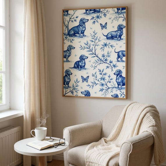 Dachshund Toile de Jouy Canvas Print, French Floral Dog Art