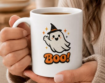 Cute ghost Halloween mug  happy witch-hat ghost and retro BOO design fun spooky season cup for Halloween lovers and ghost fans.