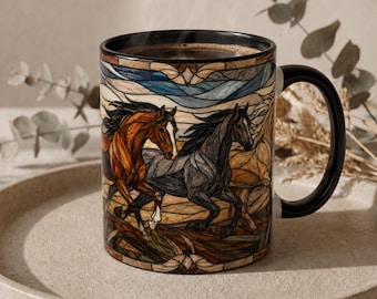 Stained Glass Vitray Horse Mug, Three Horses at Ranch Fence Art, Rustic Country Farm Gift for Horse Lovers, Horse Owner Gift