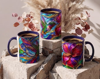 Stained Glass Hummingbird Mug, Colorful Floral Coffee Cup, Bird And Flower Art Mug, Nature Lover Gift, Artistic Garden Mug, Colorful Cup
