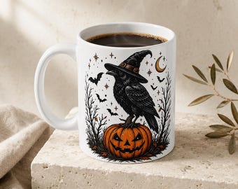 Halloween Witch Hat Raven Mug, Crow Coffee Cup, Jack O Lantern Gothic Mug, Spooky Gift, Fall Mug, Halloween Mug