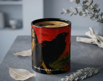 Gothic Witch Raven Ceramic Mug, Mystical Goddess Coffee Cup, Pagan Mythology Occult Drinkware