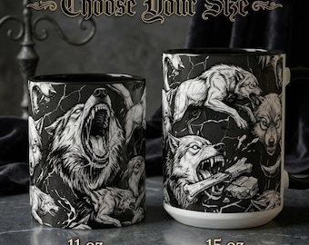 Gothic Howling Wolf Ceramic Mug | Monochrome Wolf Pack Art, Wild Animal Cup