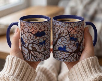 Stained Glass Style Cat Mug, Blue Cats Tree Ceramic Coffee Cup, Cozy Home Decor