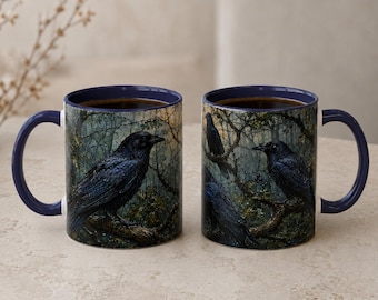Gothic Raven Stained Ceramic Mug, Witchy Halloween Gothic Coffee Cup, Bird Lover Gift, Halloween Mug Raven Gifts